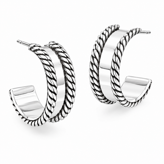 Antiqued Sterling Rope Edge Half Hoop Post Earrings