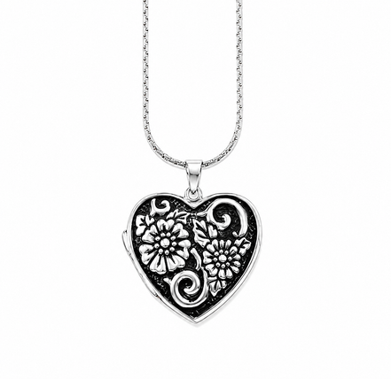Sterling Floral Heart Locket Pendant 24 Inch Chain