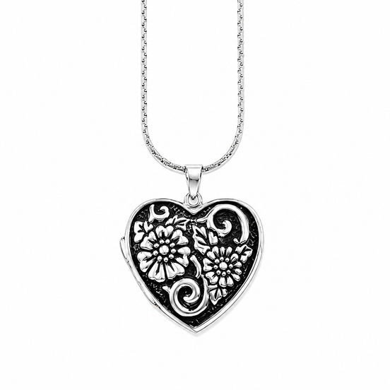 Sterling Floral Heart Locket Pendant 24 Inch Chain