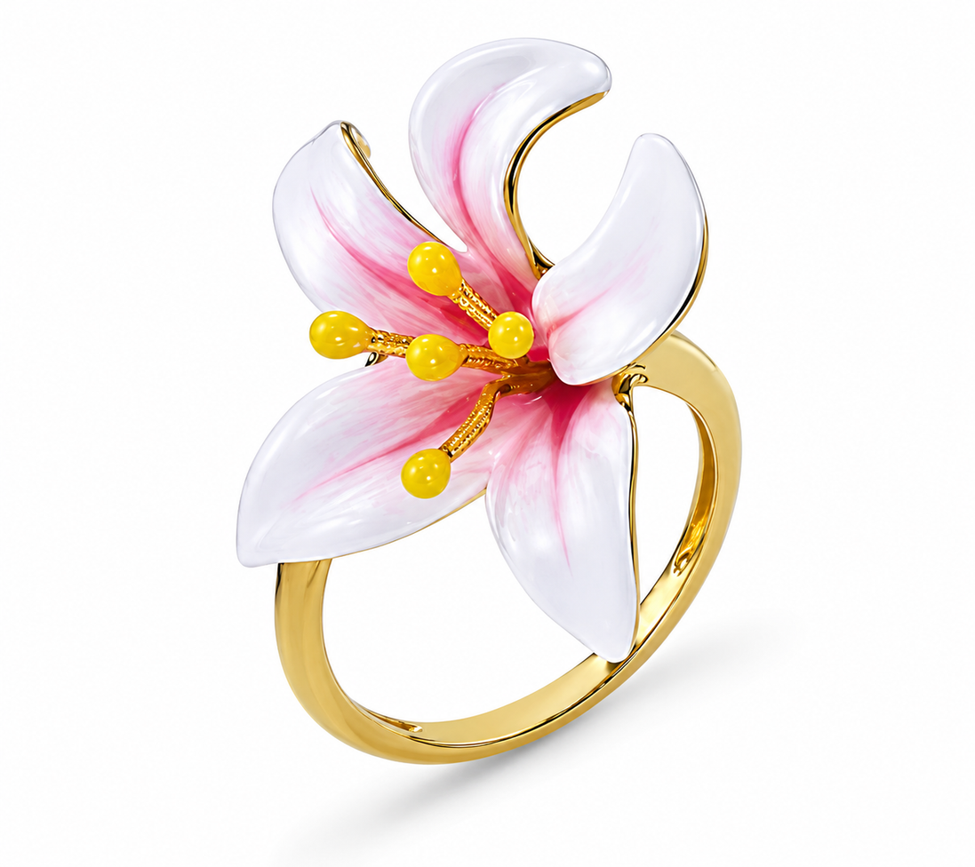 Enameled Lily and 14K Gold over Sterling Ring