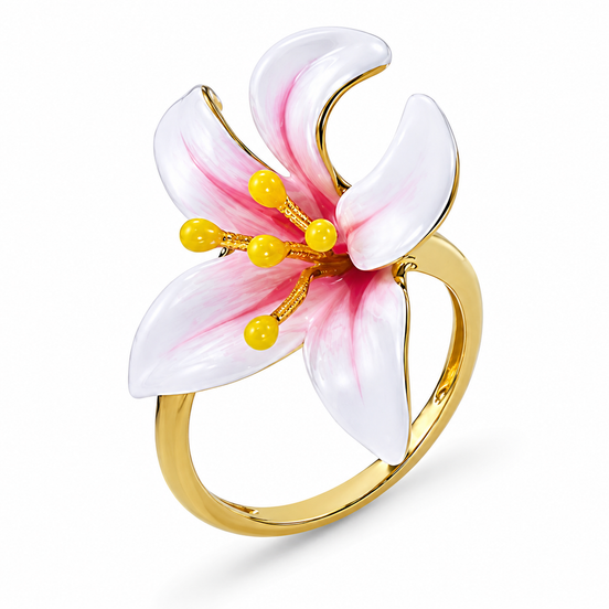 Enameled Lily and 14K Gold over Sterling Ring