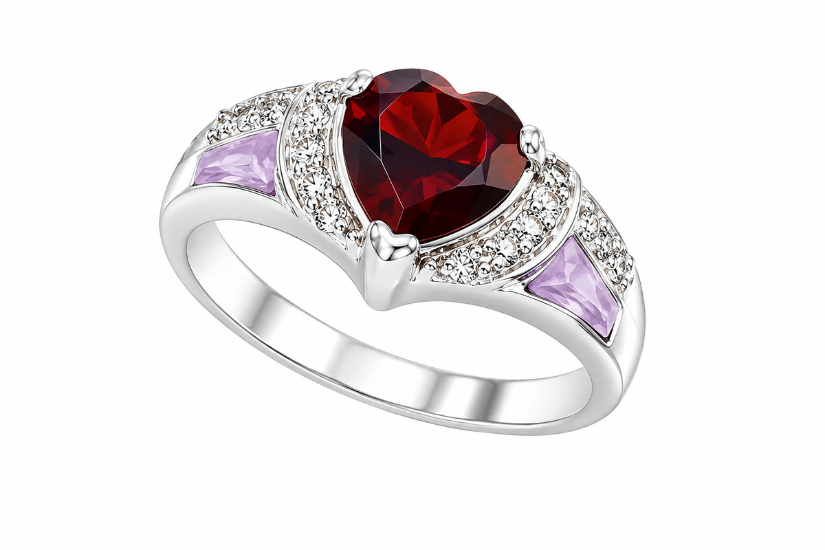 Heart Garnet Pink Opal and White Topaz Love Ring