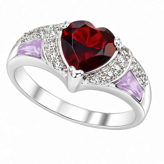 Heart Garnet Pink Opal and White Topaz Love Ring