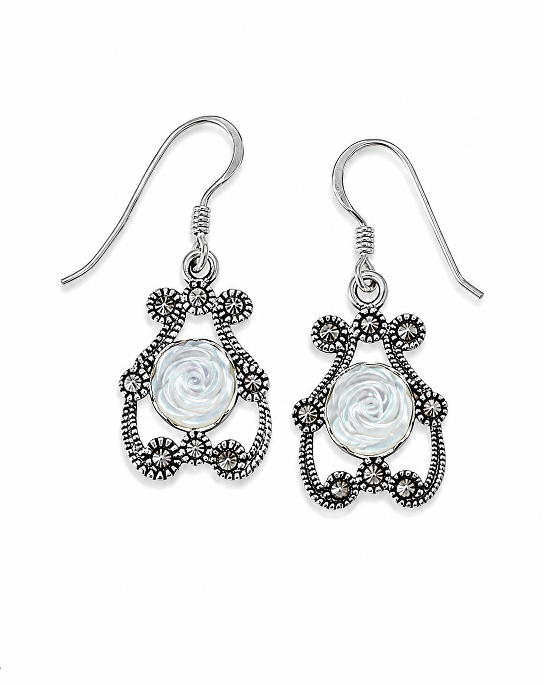 Carved Mother of Pearl and Marcasite Sterling Rose Earrings