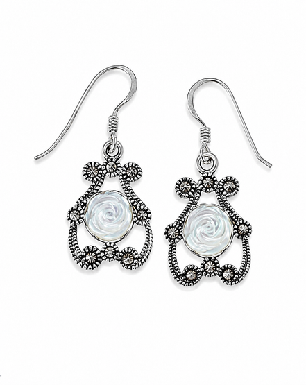 Carved Mother of Pearl and Marcasite Sterling Rose Earrings