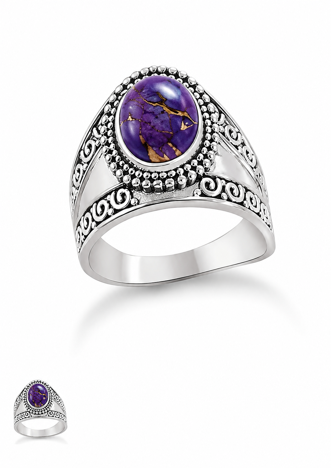 Purple Turquoise and Sterling Boho Design Ring