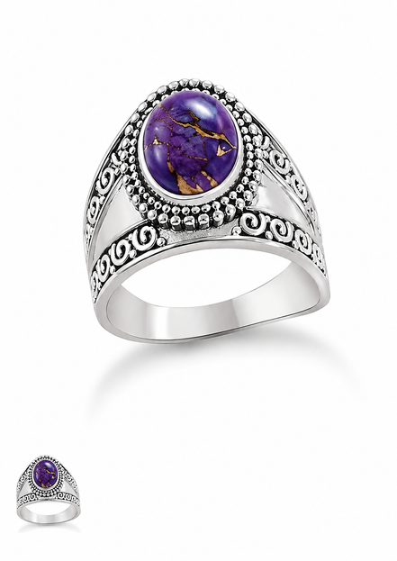 Purple Turquoise and Sterling Boho Design Ring