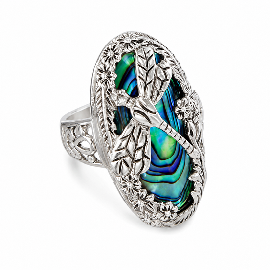 Abalone and Sterling Dragonfly Floral Ring