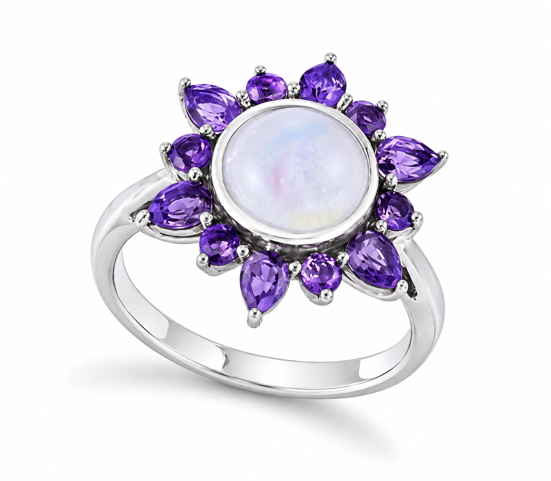Cabochon Moonstone and Amethyst Sterling Sunburst Ring