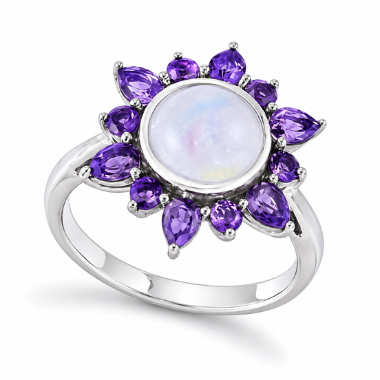 Cabochon Moonstone and Amethyst Sterling Sunburst Ring
