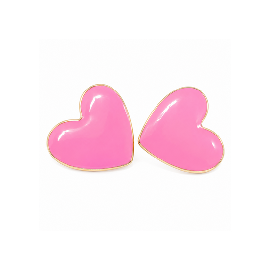 Enameled Gold Plated Pink Heart Post Earrings