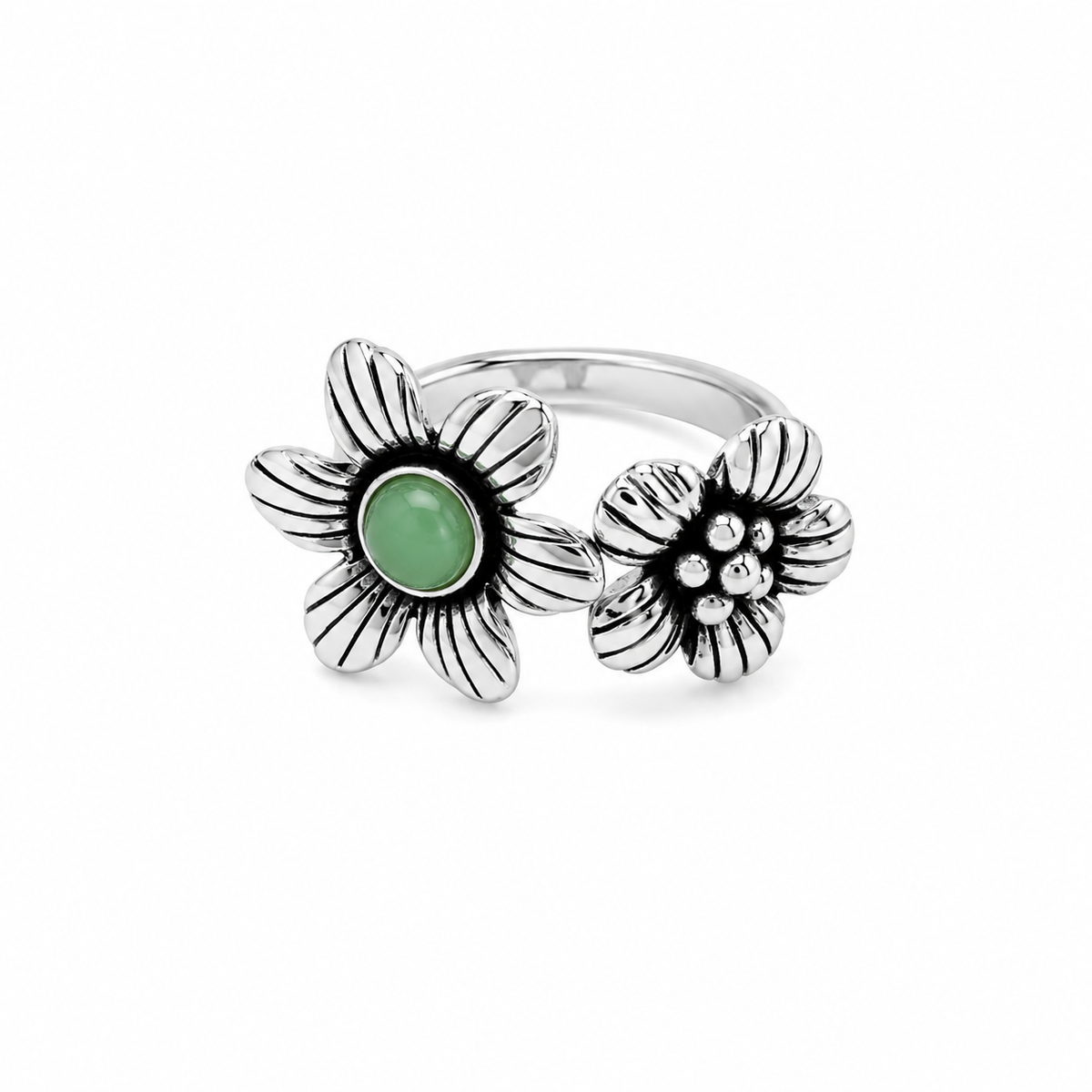 Green Jade and Antiqued Floral Garden Ring