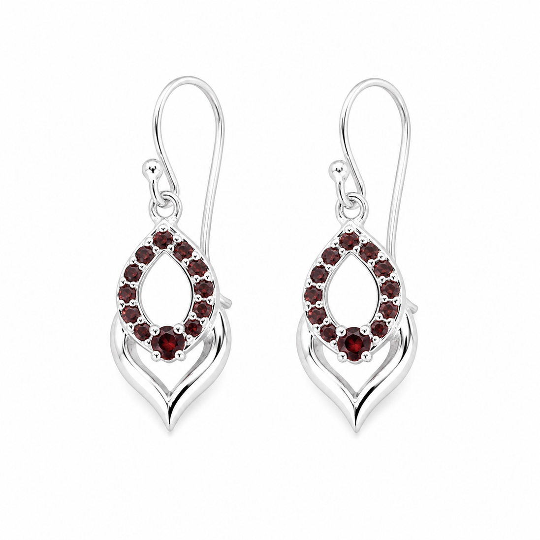 Garnet and Silver Open Teardrop Earrings