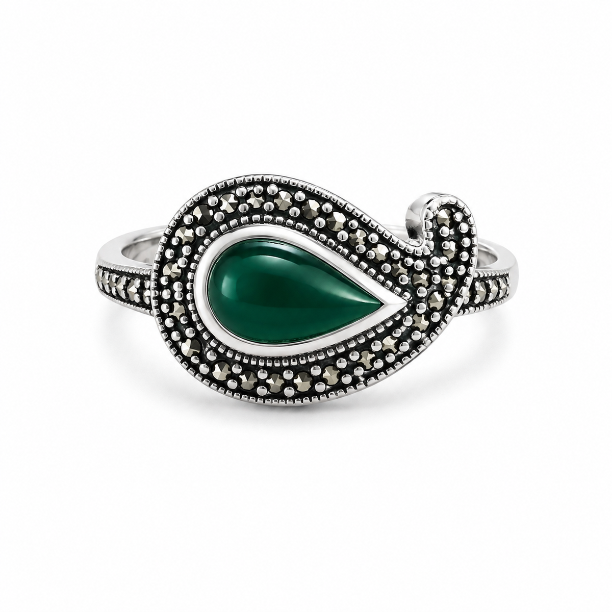 Green Agate Marcasite and Sterling Teardrop Ring