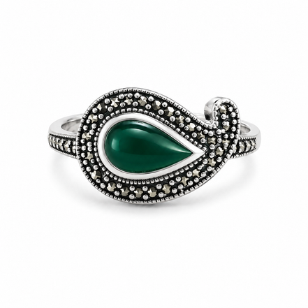 Green Agate Marcasite and Sterling Teardrop Ring