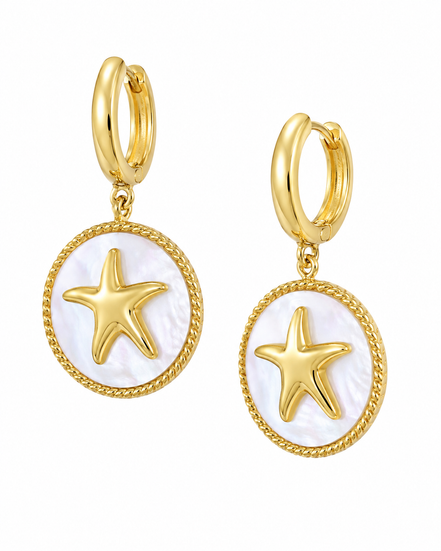 Mother of Pearl and Gold over Sterling Starfish Huggie-Hoop Earrings