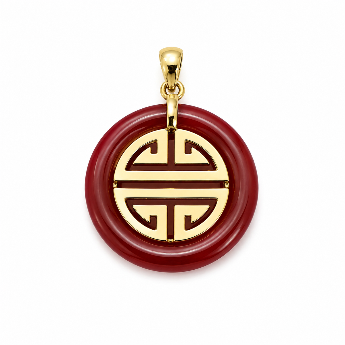Red Jade and Gold over Sterling Longevity Pendant