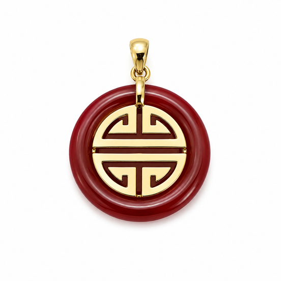 Red Jade and Gold over Sterling Longevity Pendant