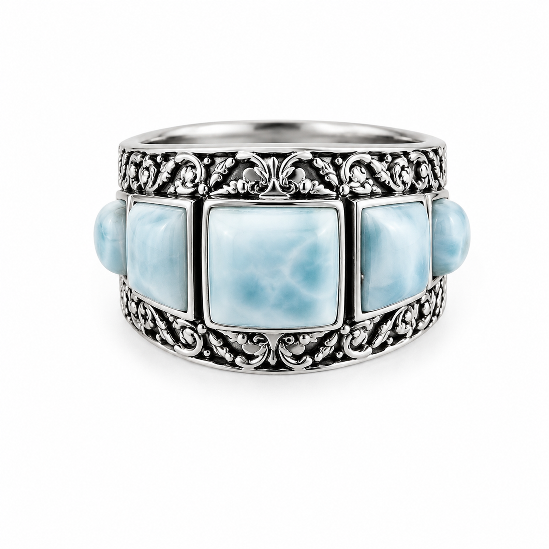 Larimar and Sterling All in a Row Ring
