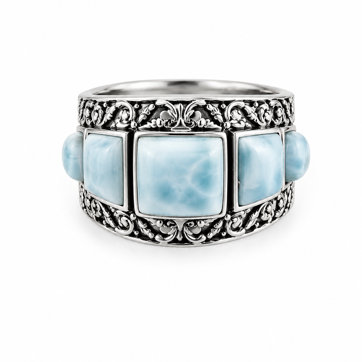 Larimar and Sterling All in a Row Ring