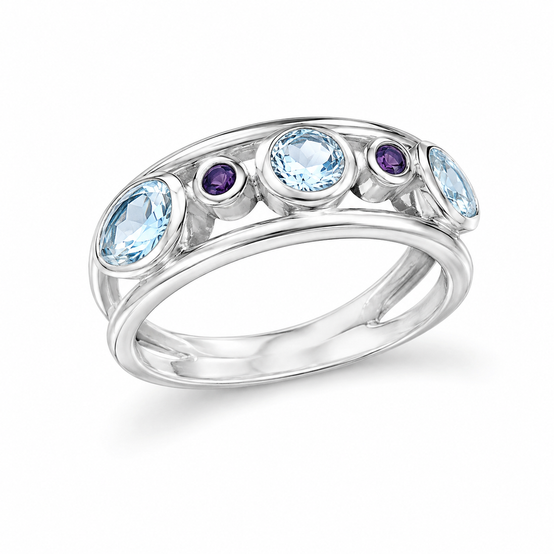 Blue Topaz Amethyst and Sterling All in a Row Ring
