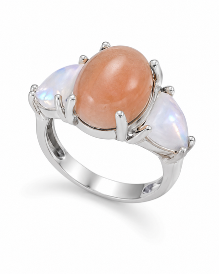 Peach Moonstone Rainbow and Sterling Ring