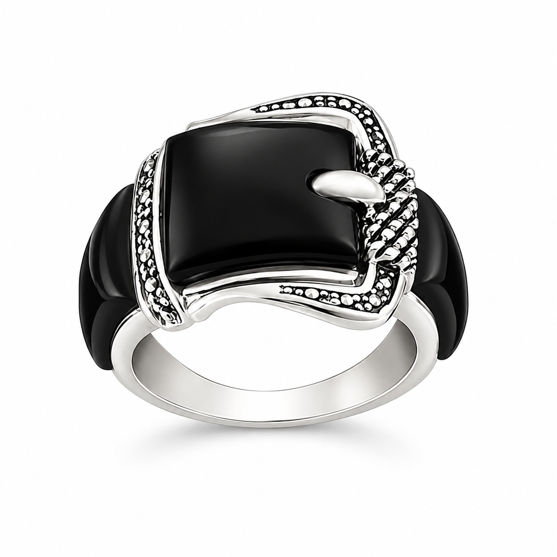 Onyx and Antiqued Sterling Silver Belt Buckle Ring
