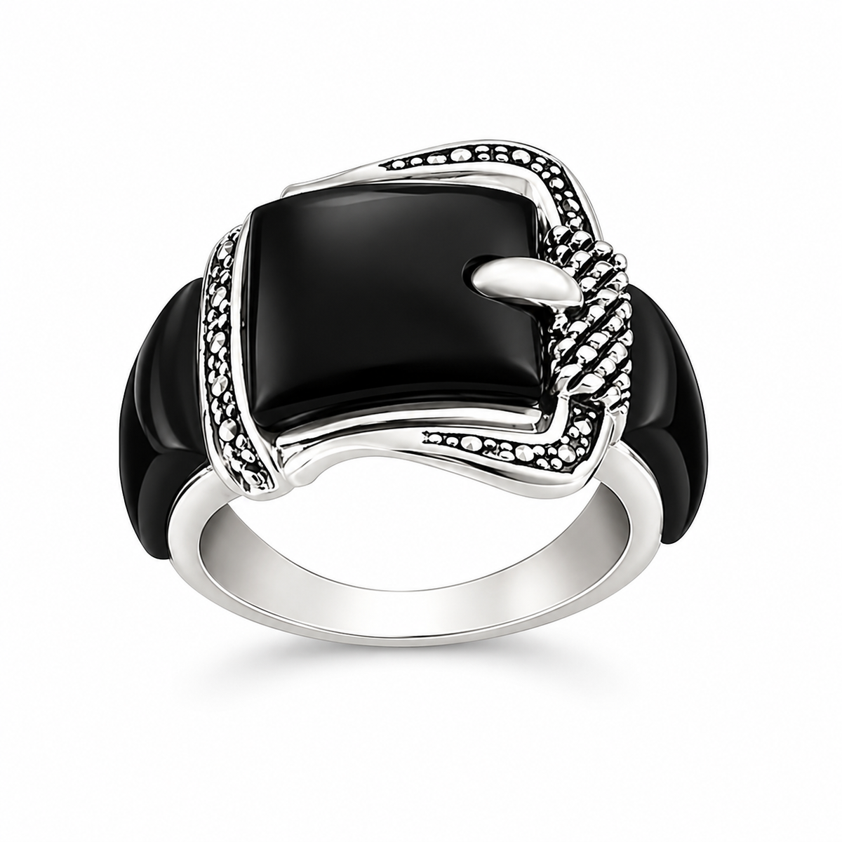 Onyx and Antiqued Sterling Silver Belt Buckle Ring