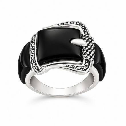 Onyx and Antiqued Sterling Silver Belt Buckle Ring