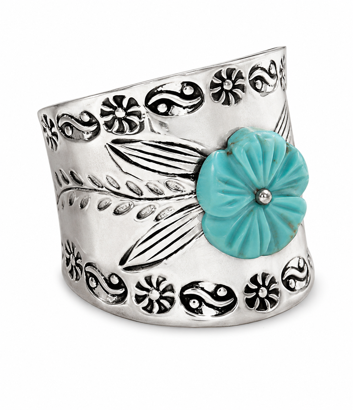 Tuquoise Carved Flower and Sterling Ring