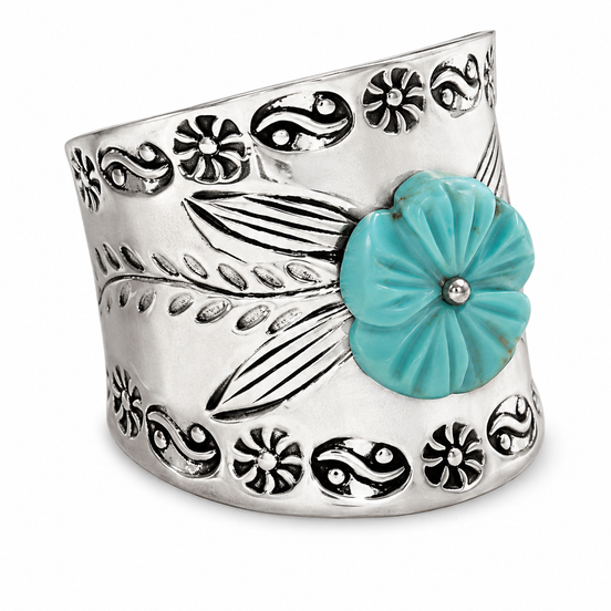 Tuquoise Carved Flower and Sterling Ring