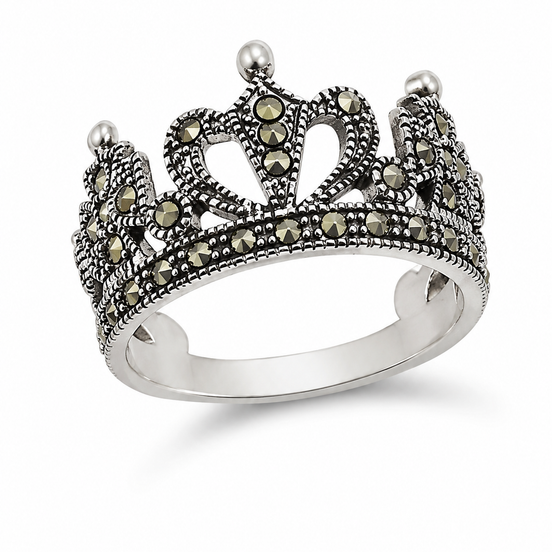 Marcasite and Antiqued Sterling Crown Ring