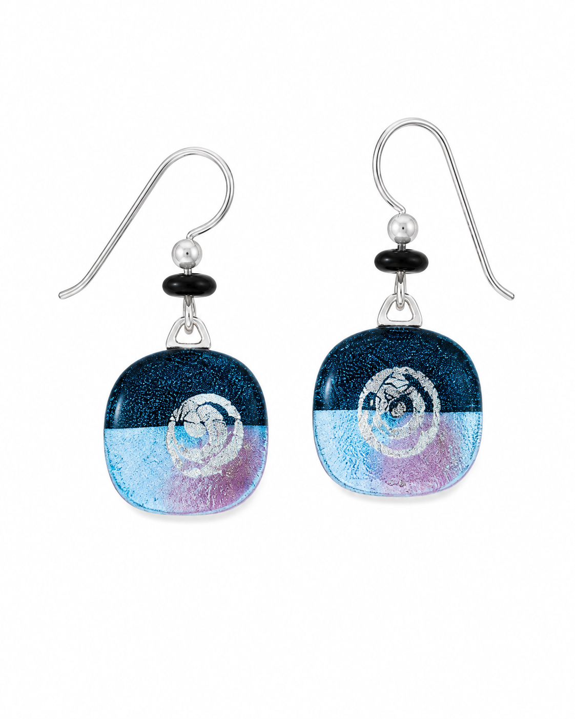 Dichroic Glass Blue Two-tone Swirl Earrings with Sterling Hooks