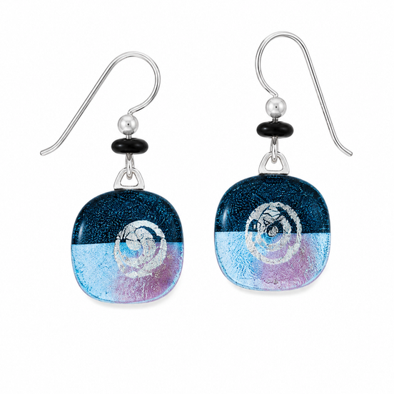 Dichroic Glass Blue Two-tone Swirl Earrings with Sterling Hooks