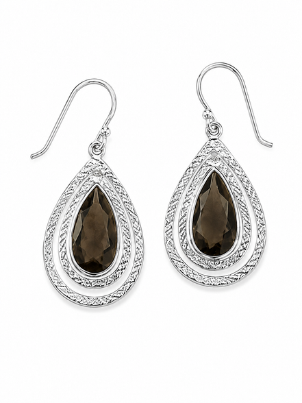 Faceted Smoky Quartz and Textured Sterling Earrings