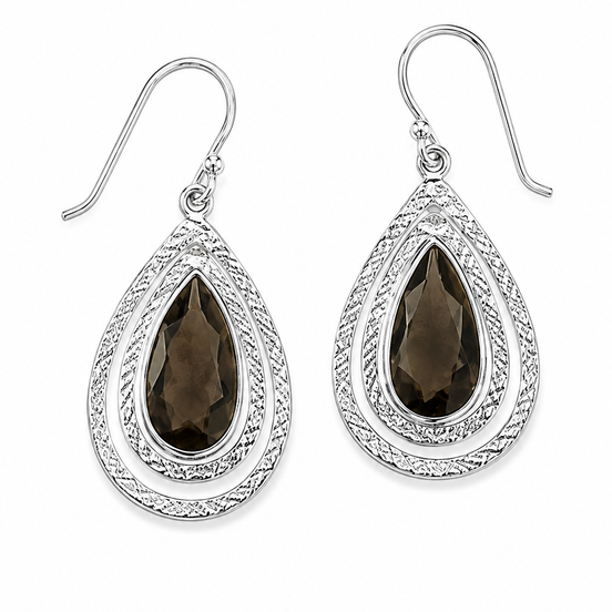 Faceted Smoky Quartz and Textured Sterling Earrings