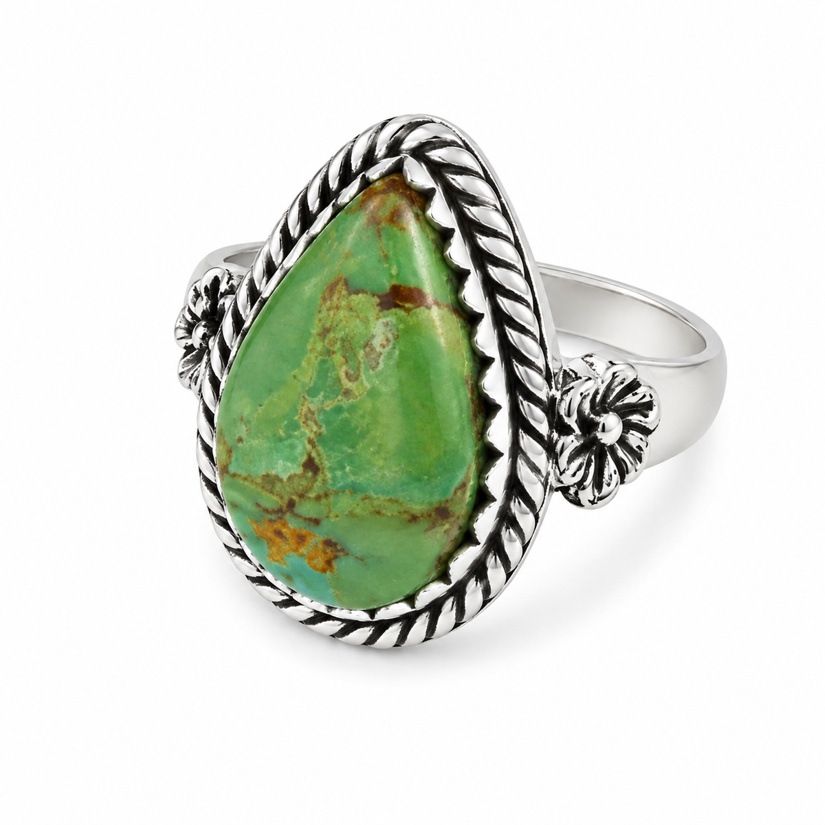 Green Turquoise and Sterling Floral Teardrop Ring