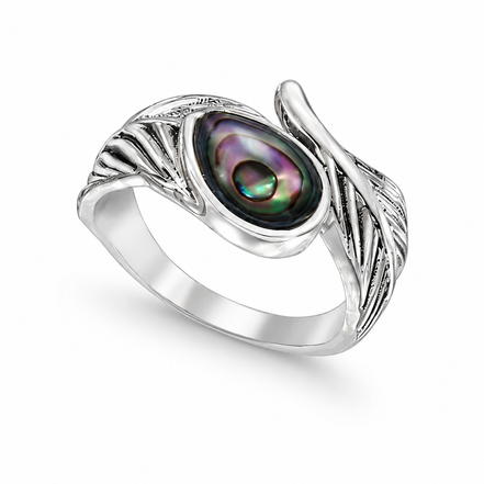 Abalone and Antiqued Sterling Wrapped Feather Ring