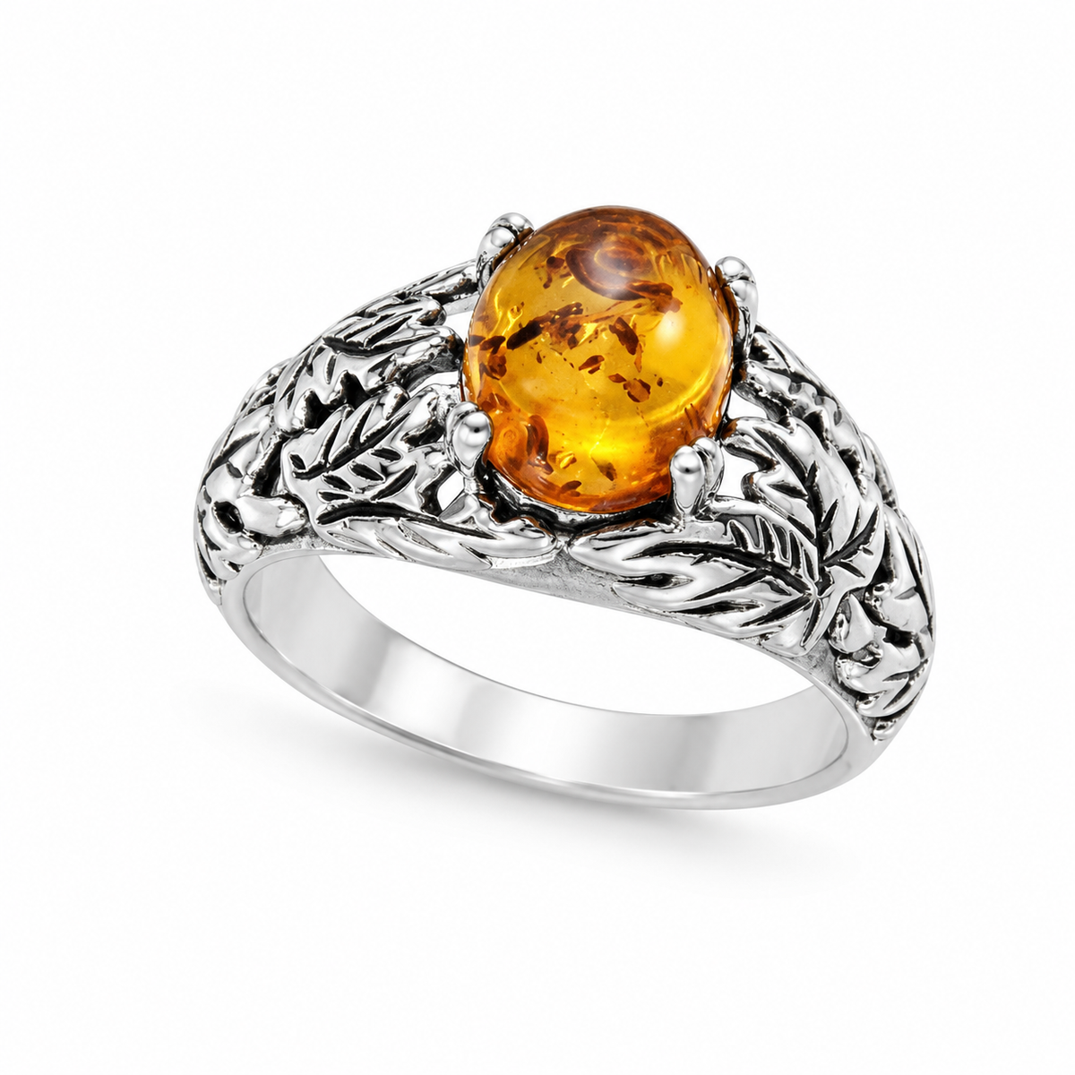 Amber and Sterling Maple Leaves Setting Ring