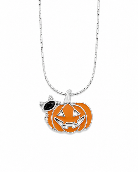 Enameled Sterling Pumpkin and Spinel Cat Pendant