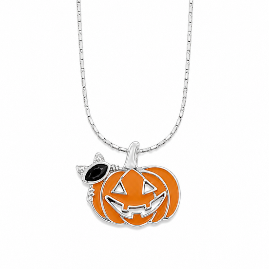 Enameled Sterling Pumpkin and Spinel Cat Pendant
