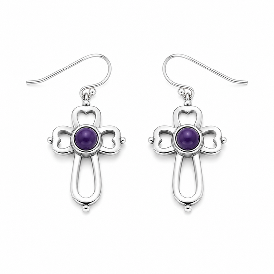 Purple Turquoise and Hammered Sterling Cross Earrings