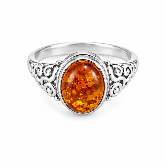 Sterling Silver with Large Baltic Amber Cabochon Ring