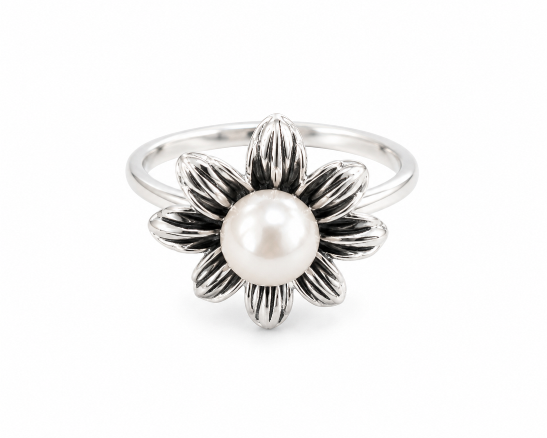 Silver Tone Carved Flower Ring