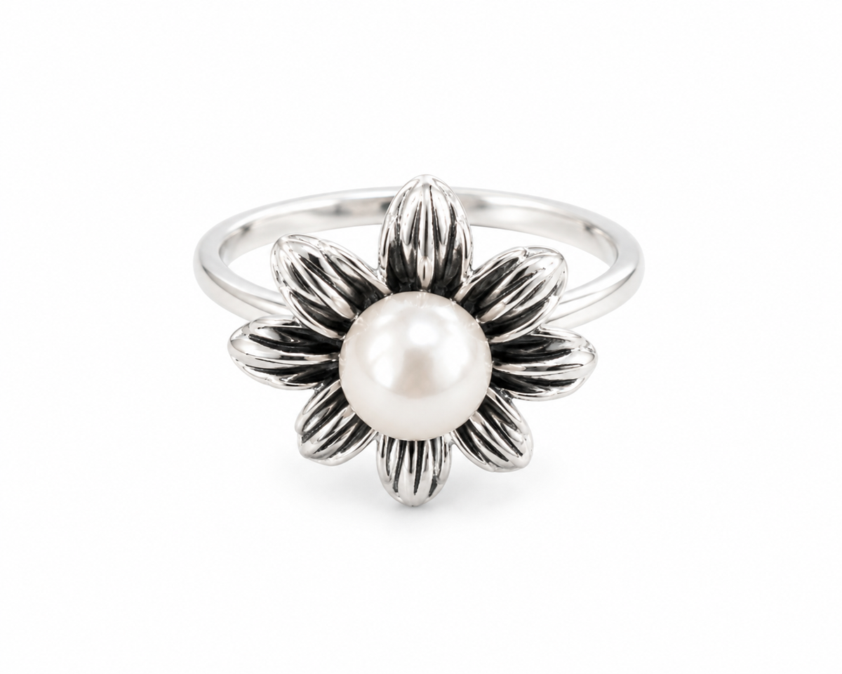Silver Tone Carved Flower Ring
