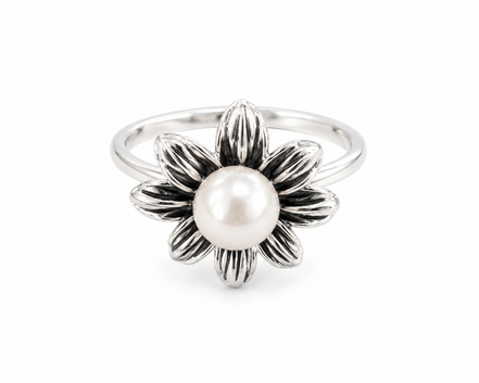 Silver Tone Carved Flower Ring