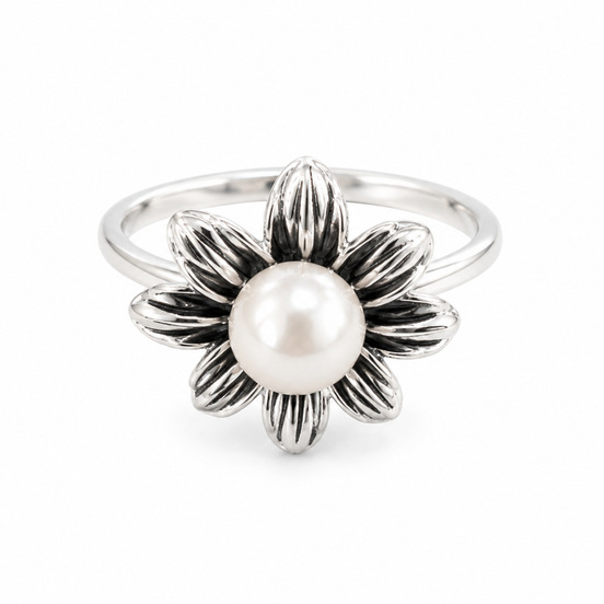 Silver Tone Carved Flower Ring