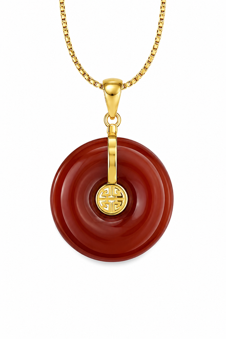 Red Jade and Gold over Sterling Good Fortune Pendant