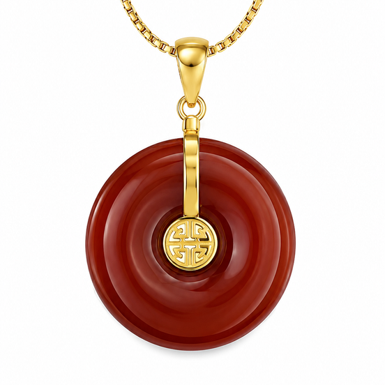 Red Jade and Gold over Sterling Good Fortune Pendant
